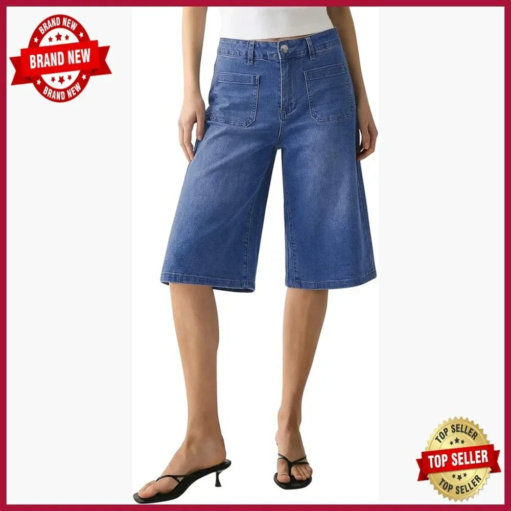 Stretch Denim Wide Leg Capri Pants High Waisted Casual Straight Fit - Picture 1 of 7